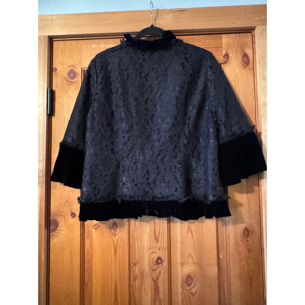 Nine West Black Lace Velvet Ruffle Jacket Open Front Tie Floral romantic Large - Picture 9 of 9